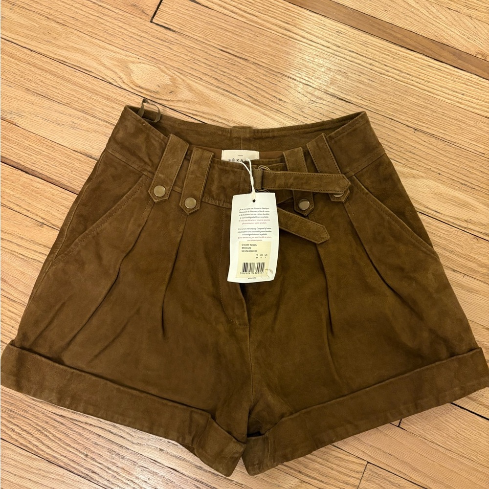 Sezane Robin NWT High Waist Brown Tan Leather Suede Shorts SIZE 2